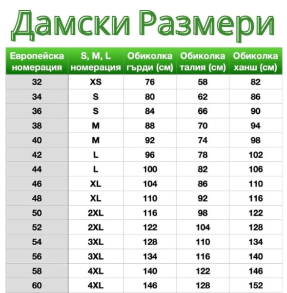 Таблица Дамски размери