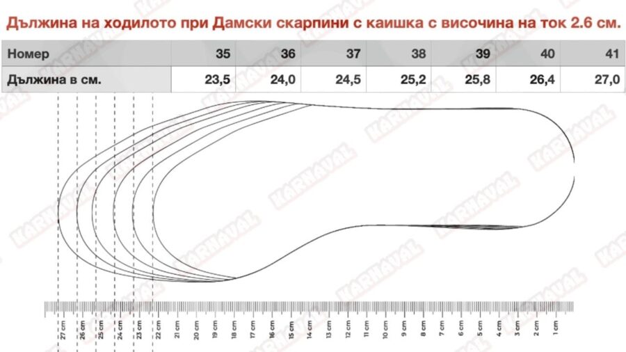 Таблица с размери за дамски скарпини с ток 2. 6 см