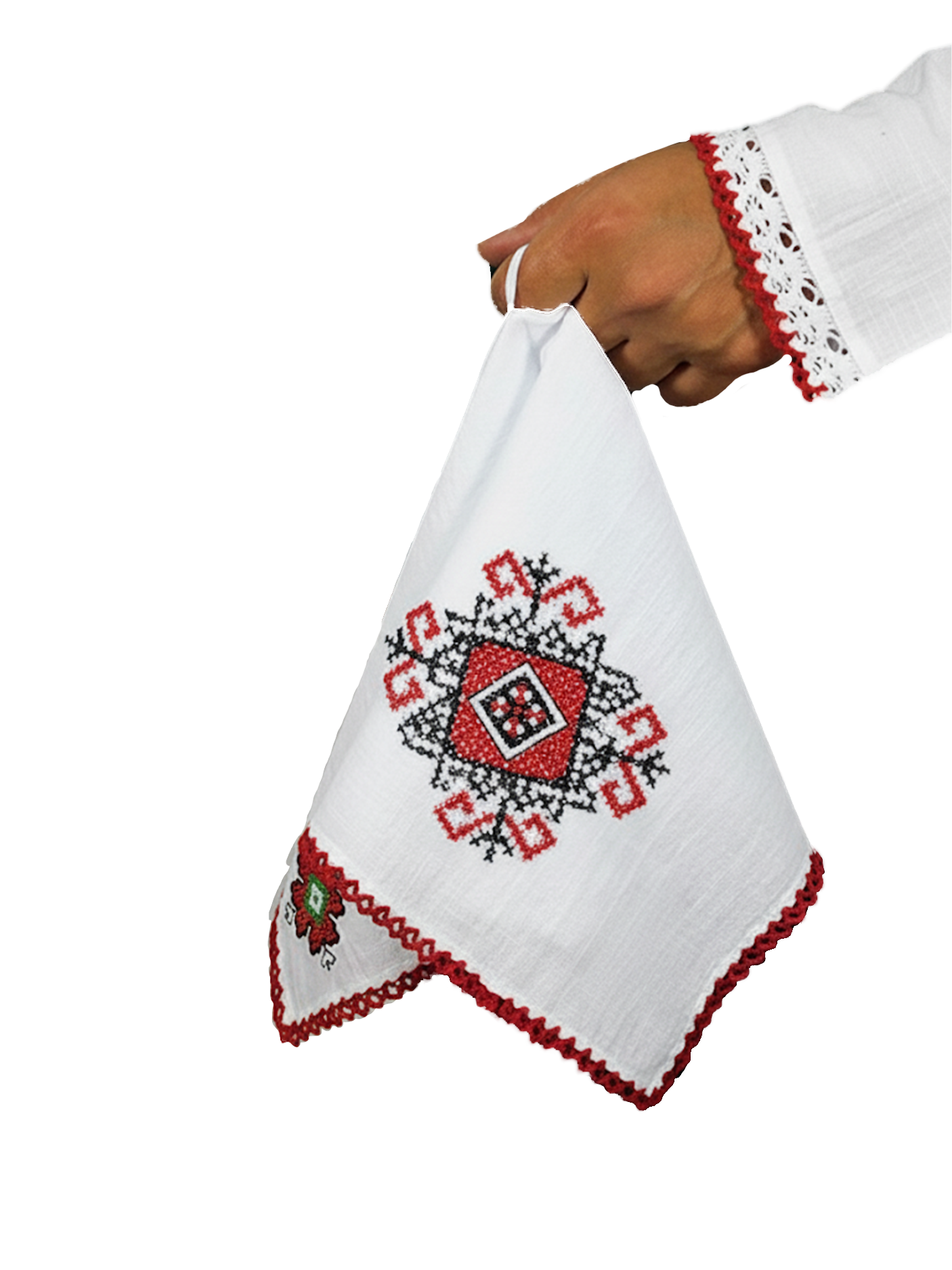 Бяла кърпа с червен бродерия ХОРОВОДНИ КЪРПИ КАТЕГОРИЯ