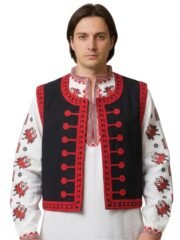 Черен тракийски елек от вълнен шаяк с богати червени гайтани, преден изглед.