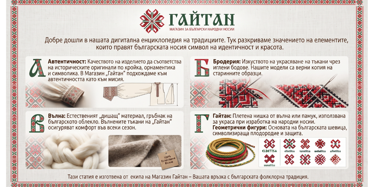 Инфографика Азбучник на българската народна носия с информация за автентичност, шевици и материали от Магазин Гайтан