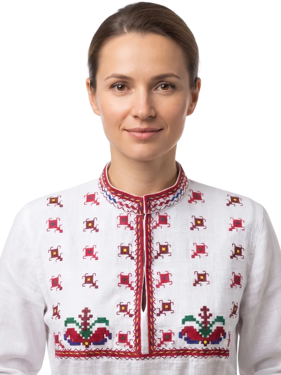 Детайл на автентични шевици върху бяла риза от северняшка носия - модел 45.